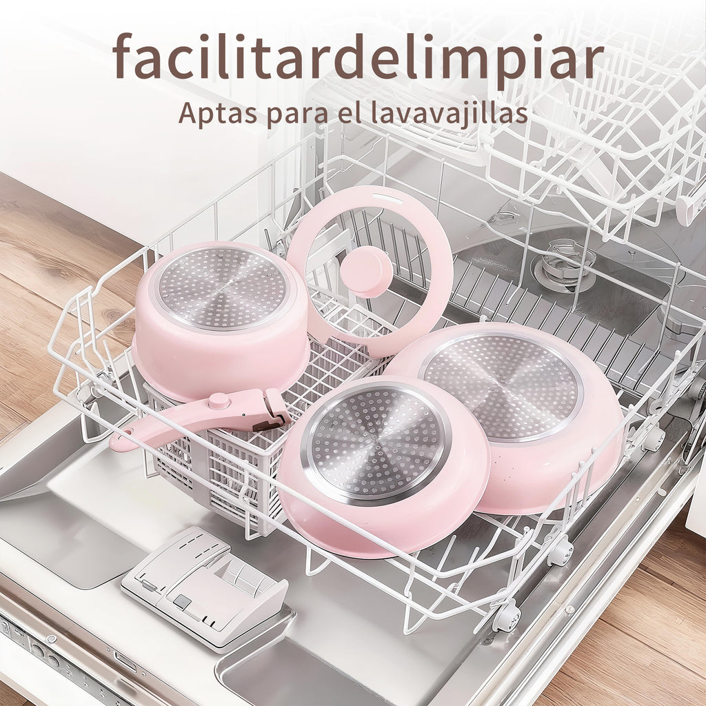 Bateria Cocina Antiadherente Ollas Latic 11 Piezas Rosa
