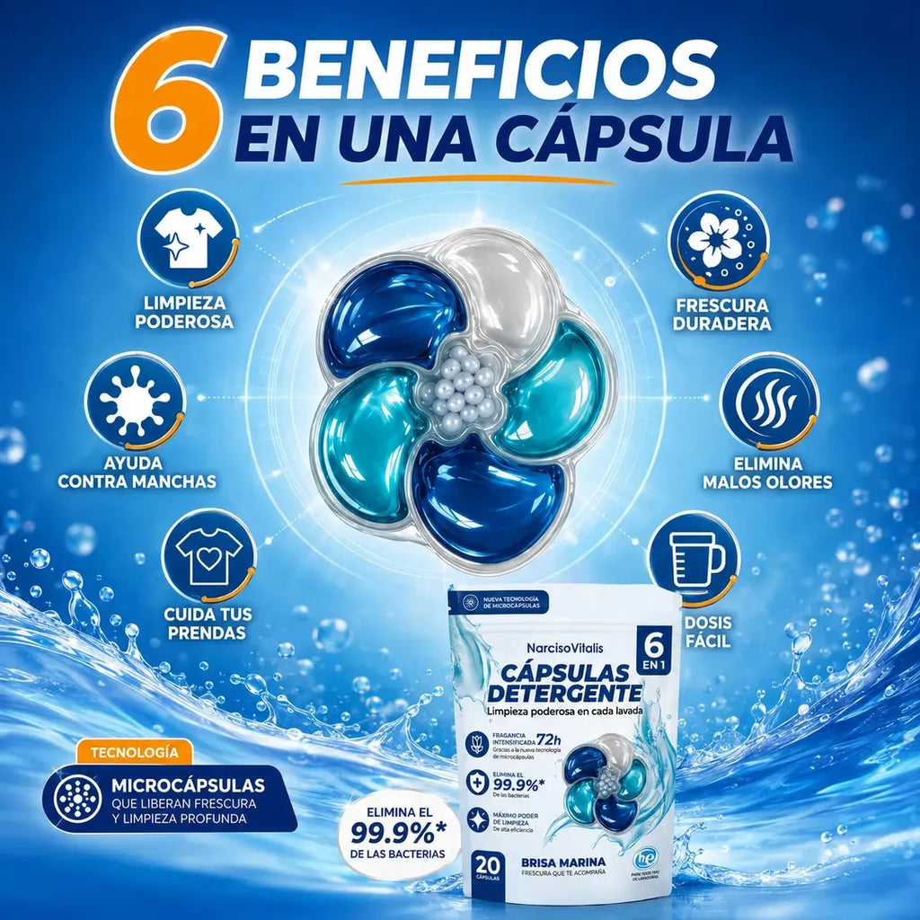 Cápsulas de Detergente para Ropa 6 en 1 Aroma Brisa Marina