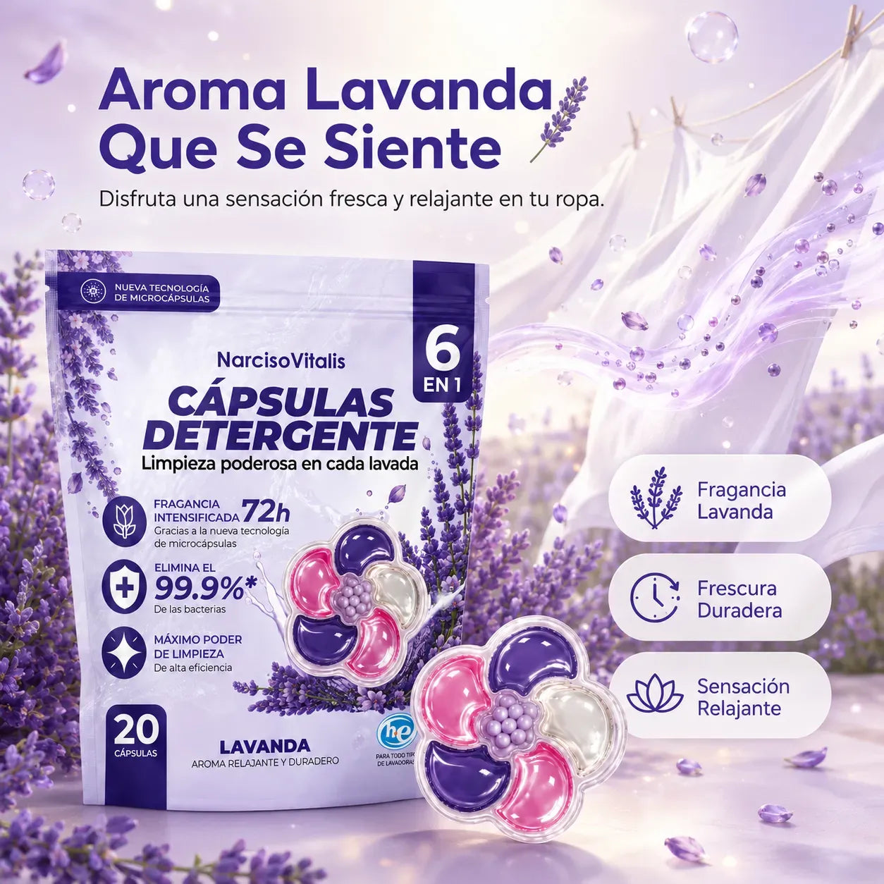 Cápsulas de Detergente para Ropa 6 en 1 Aroma Lavanda