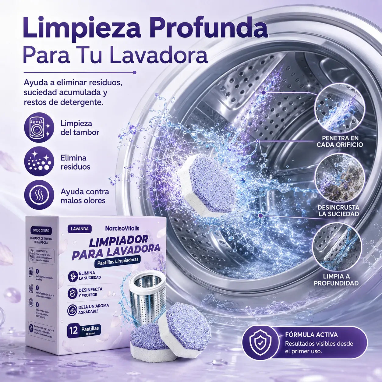 Limpiador De Lavadora Pack De 12 Pastillas Con Aroma A Lavanda