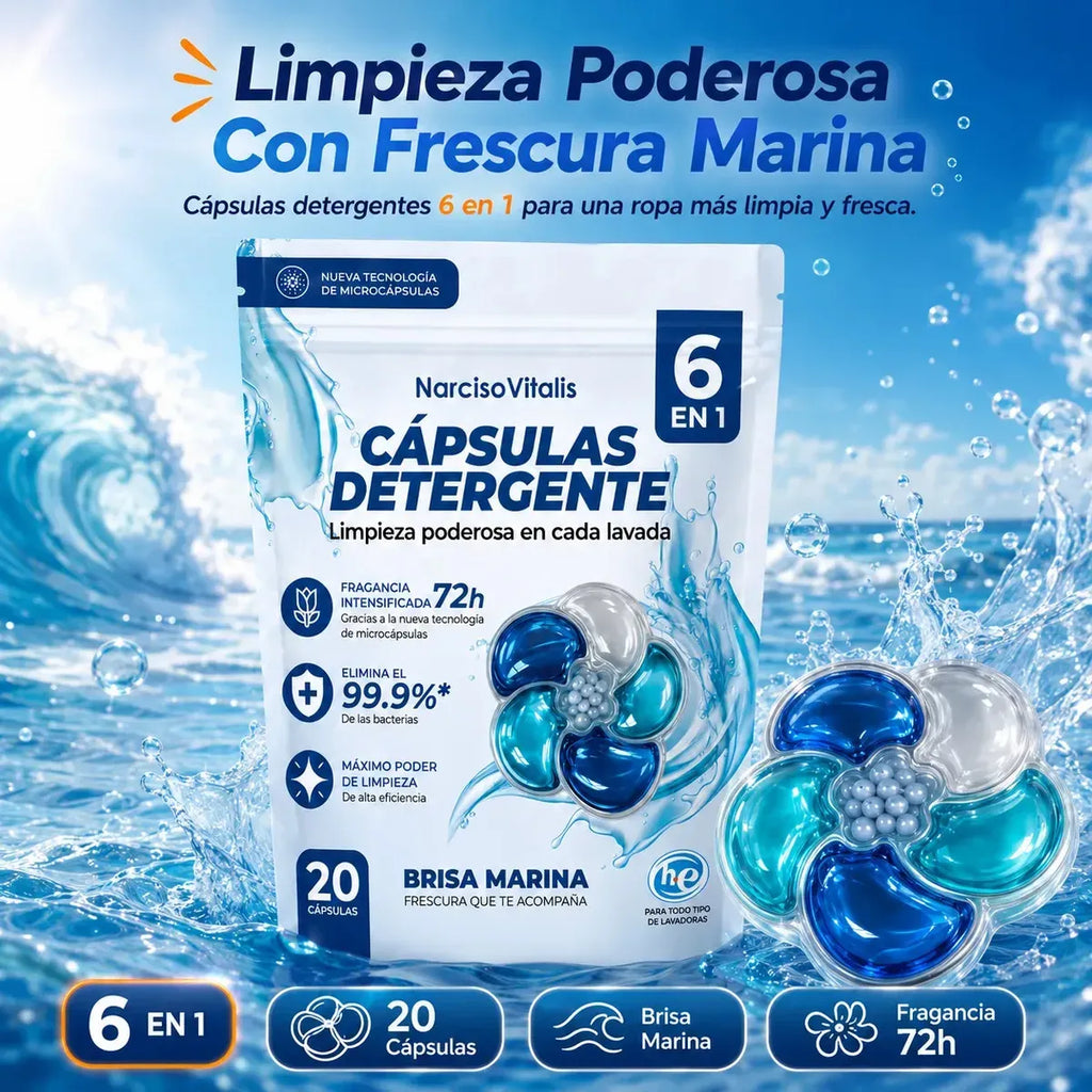 Cápsulas de Detergente para Ropa 6 en 1 Aroma Brisa Marina