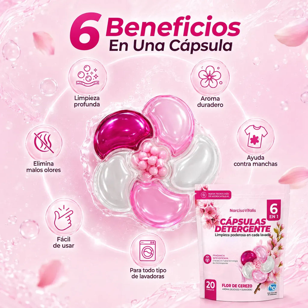 Cápsulas de Detergente para Ropa 6 en 1 Aroma Flor de Cerezo