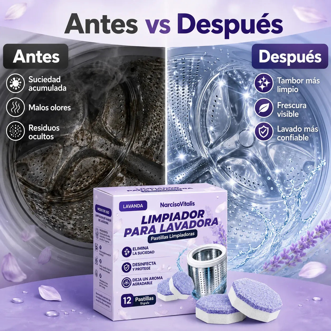 Limpiador De Lavadora Pack De 12 Pastillas Con Aroma A Lavanda