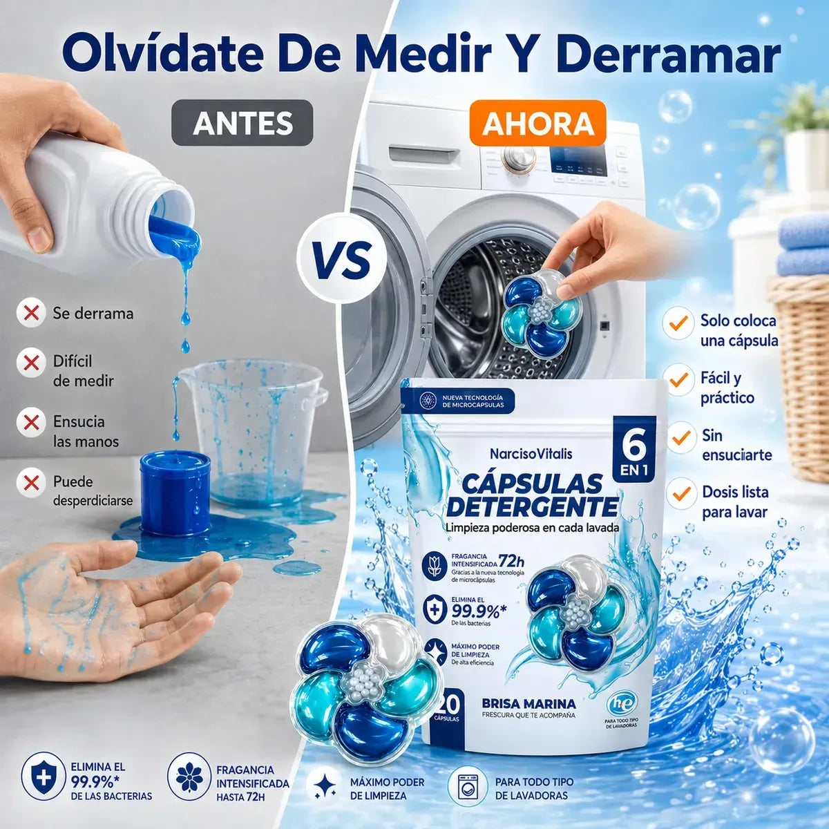 Cápsulas de Detergente para Ropa 6 en 1 Aroma Brisa Marina