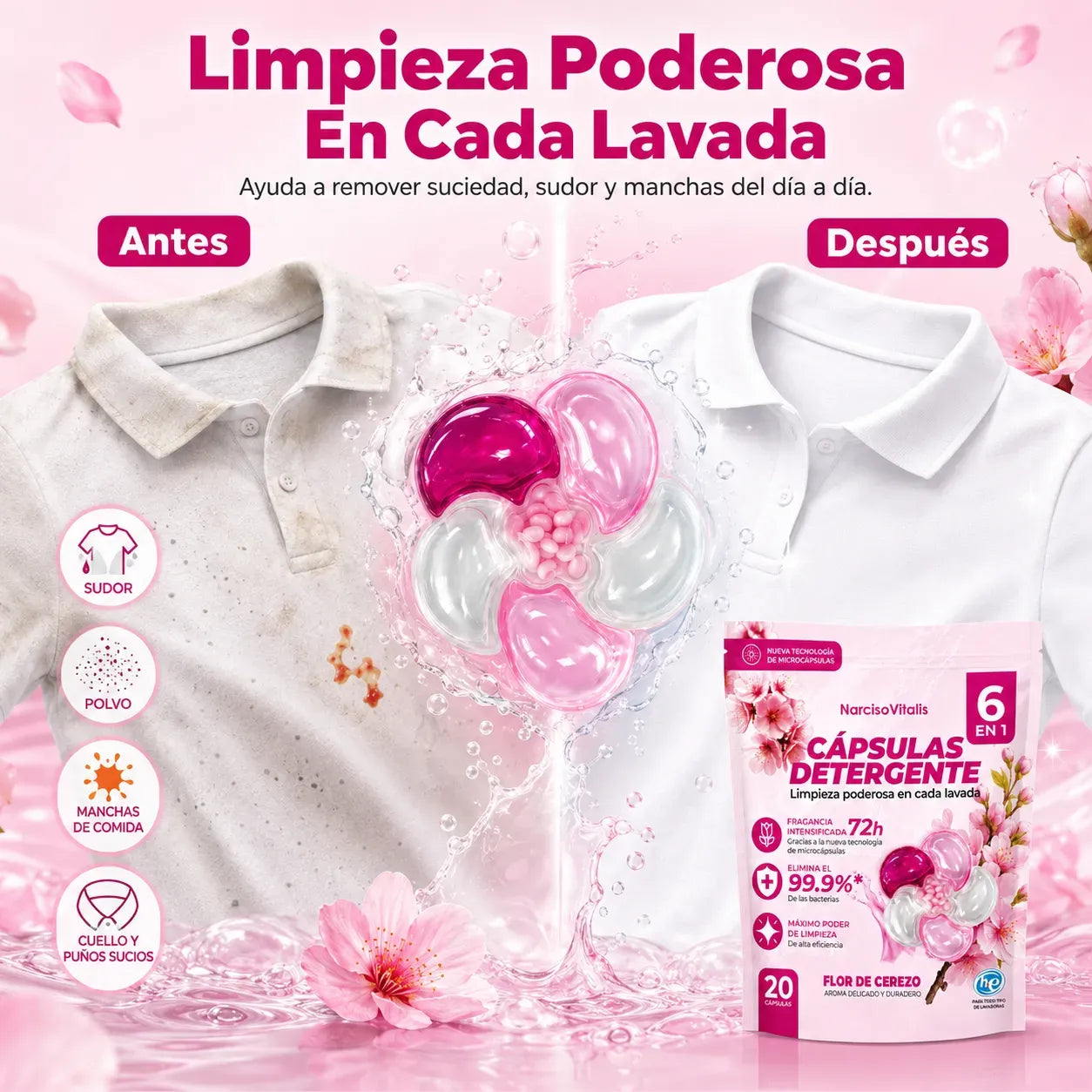 Cápsulas de Detergente para Ropa 6 en 1 Aroma Flor de Cerezo