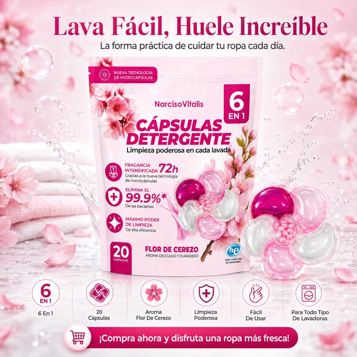 Cápsulas de Detergente para Ropa 6 en 1 Aroma Flor de Cerezo
