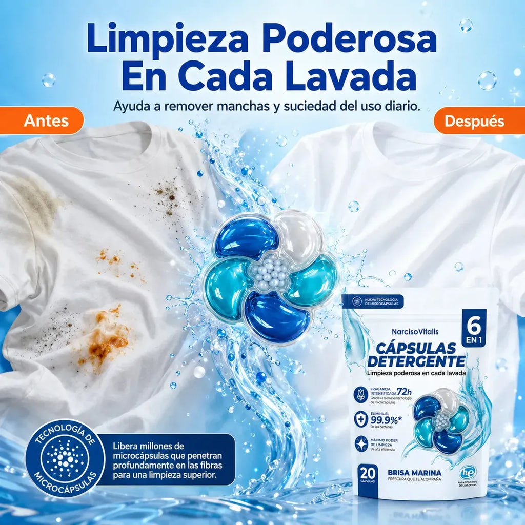 Cápsulas de Detergente para Ropa 6 en 1 Aroma Brisa Marina
