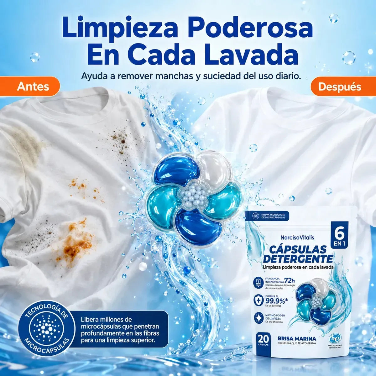 Cápsulas de Detergente para Ropa 6 en 1 Aroma Brisa Marina