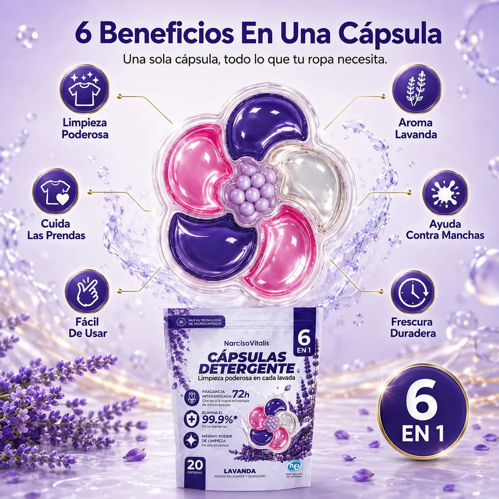 Cápsulas de Detergente para Ropa 6 en 1 Aroma Lavanda