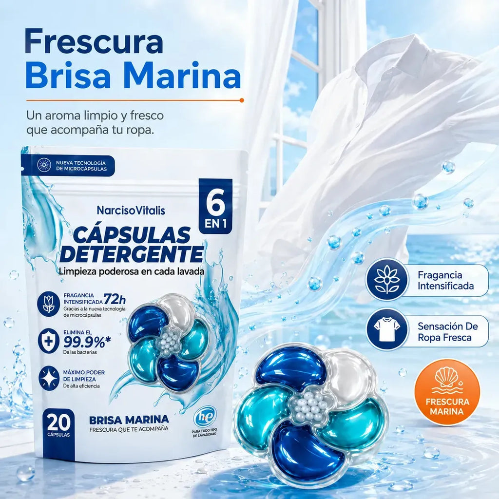 Cápsulas de Detergente para Ropa 6 en 1 Aroma Brisa Marina