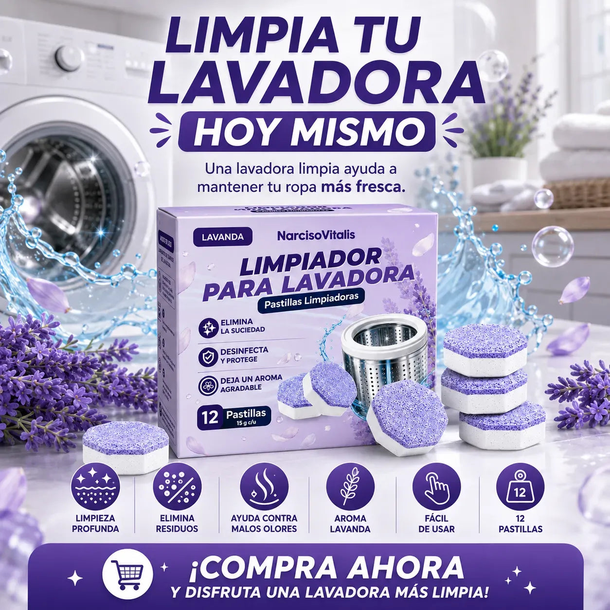 Limpiador De Lavadora Pack De 12 Pastillas Con Aroma A Lavanda