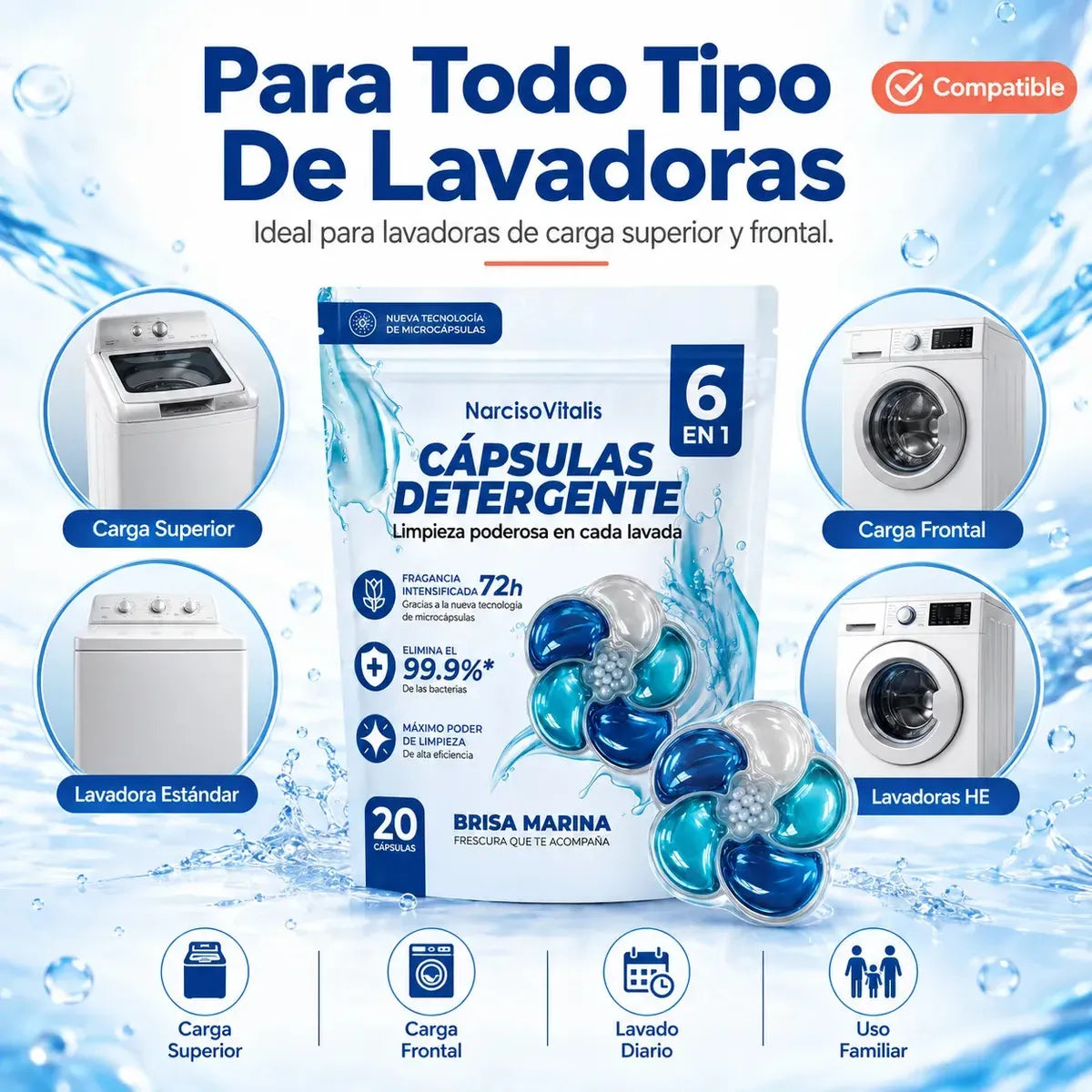 Cápsulas de Detergente para Ropa 6 en 1 Aroma Brisa Marina