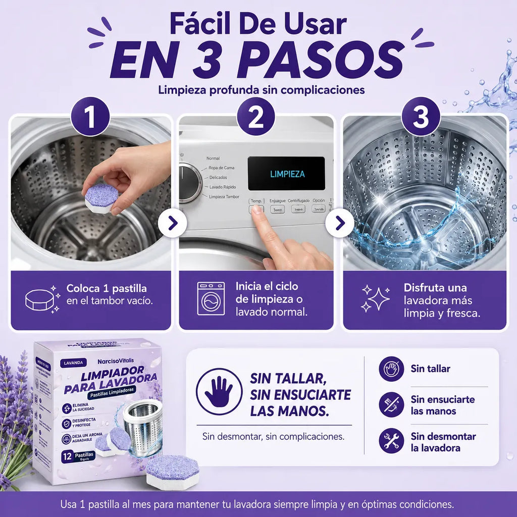 Limpiador De Lavadora Pack De 12 Pastillas Con Aroma A Lavanda