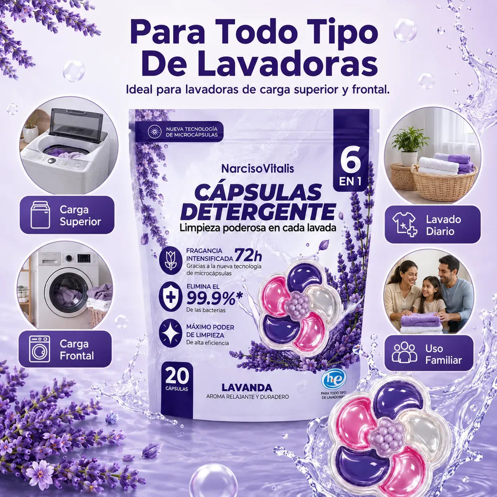 Cápsulas de Detergente para Ropa 6 en 1 Aroma Lavanda