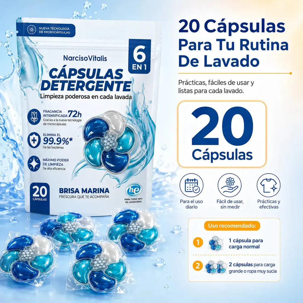 Cápsulas de Detergente para Ropa 6 en 1 Aroma Brisa Marina