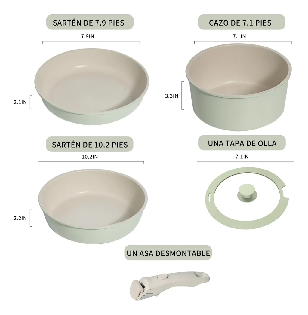 3 ollas verdes, tapa de vidrio y asa desmontable