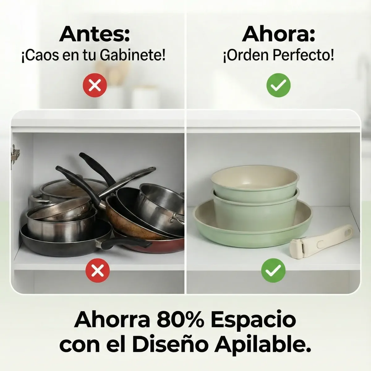 Antes: Caos en tu gabinete, ahora orden perfecto, ahorra 80% de espacio con el diseño apilable de ollas virales